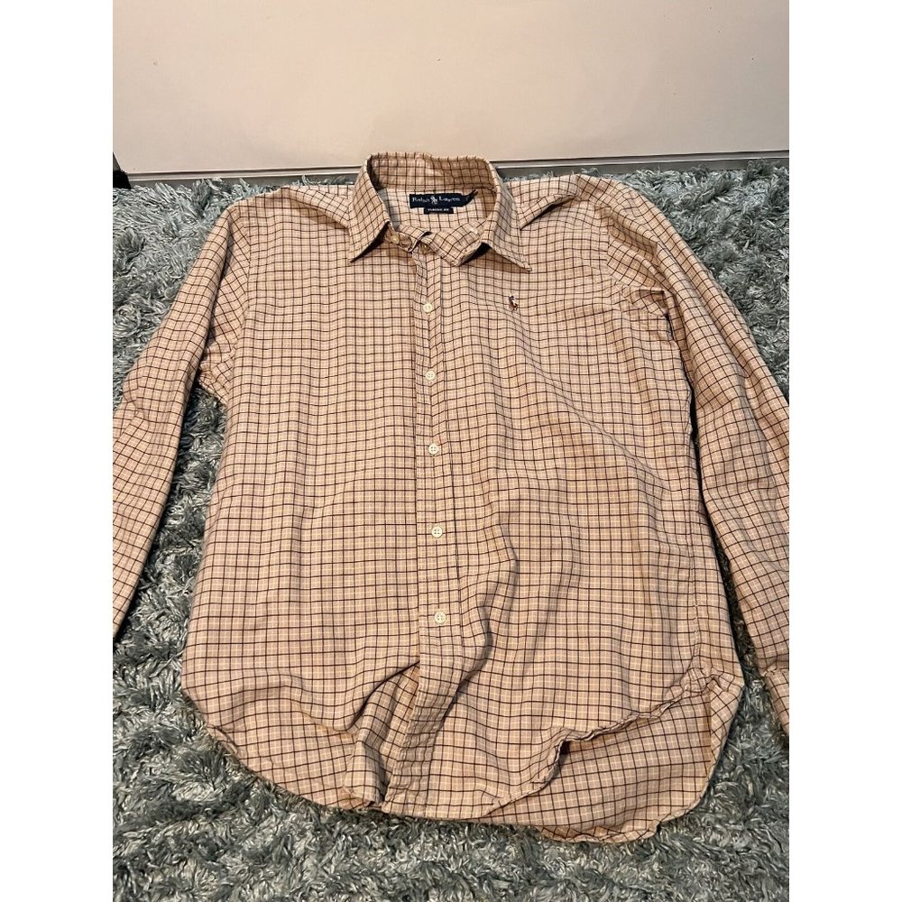 Ralph Lauren Mens Medium Brown Plaid Button Down Shirt with Multicolor Logo